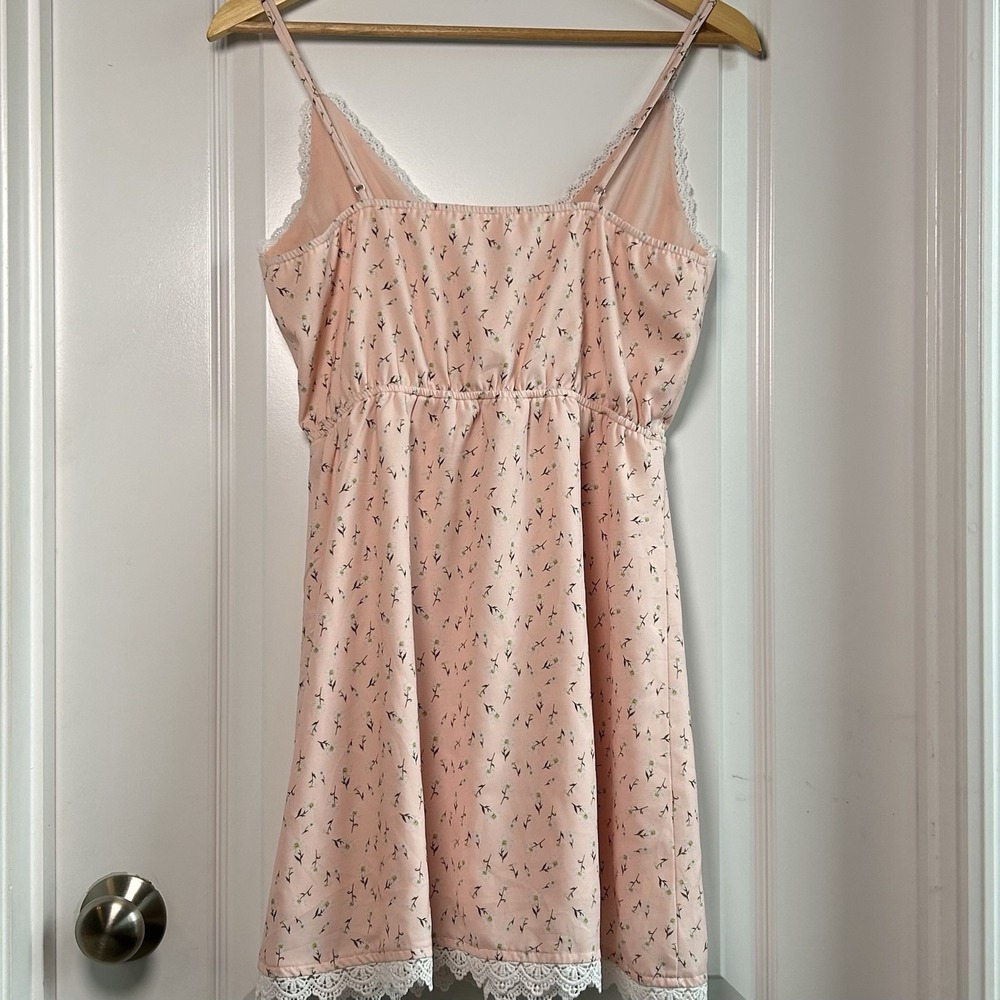 Backyard Roses Blush Pink Ditsy Floral White Lace Trim Mini Dress Coquette Style - Picture 2 of 2